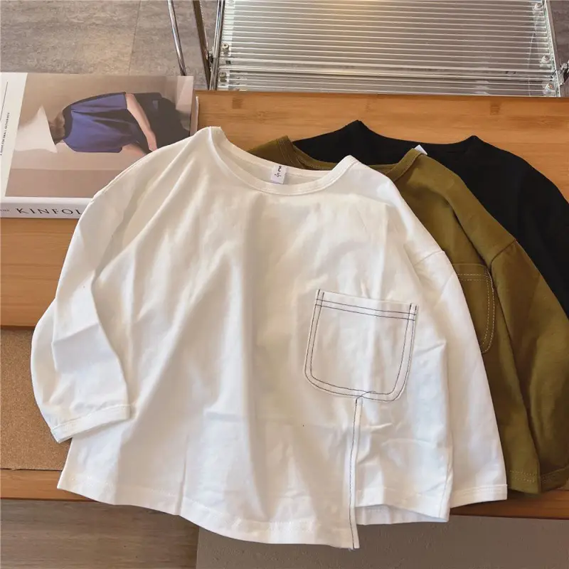 Boys Long Sleeve T-Shirt Olive White Black Cotton Round Neck - Image 5
