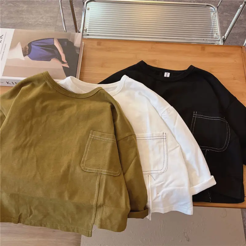 Boys Long Sleeve T-Shirt Olive White Black Cotton Round Neck - Image 6