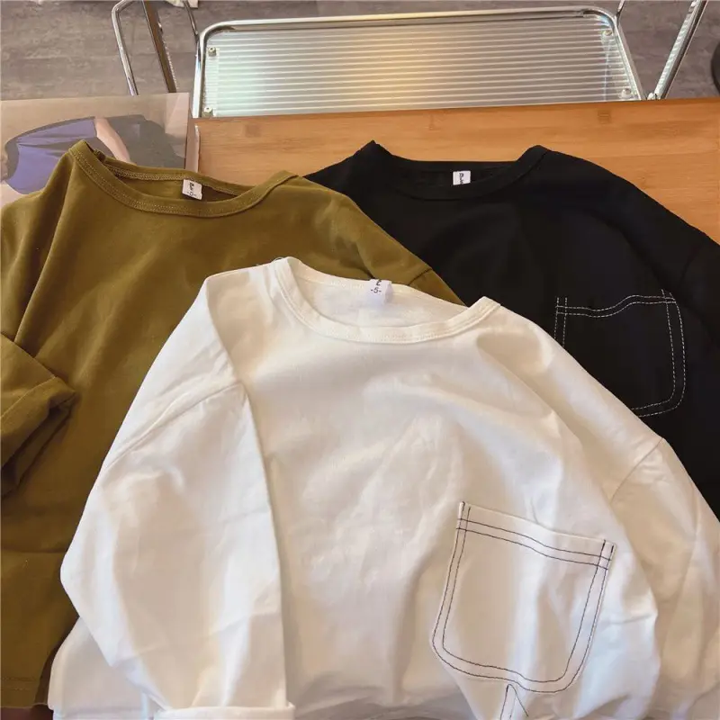 Boys Long Sleeve T-Shirt Olive White Black Cotton Round Neck - Image 7