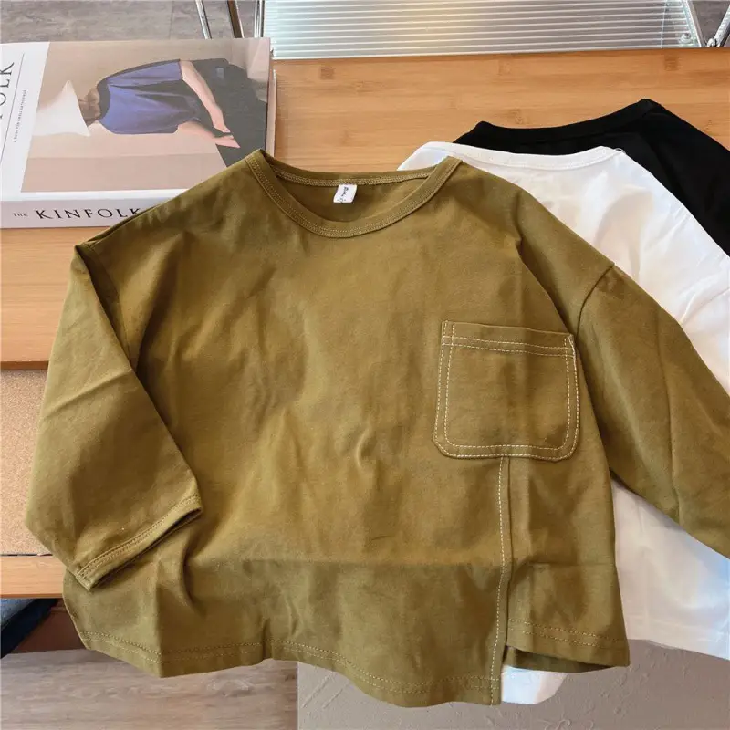 Boys Long Sleeve T-Shirt Olive White Black Cotton Round Neck - Image 3