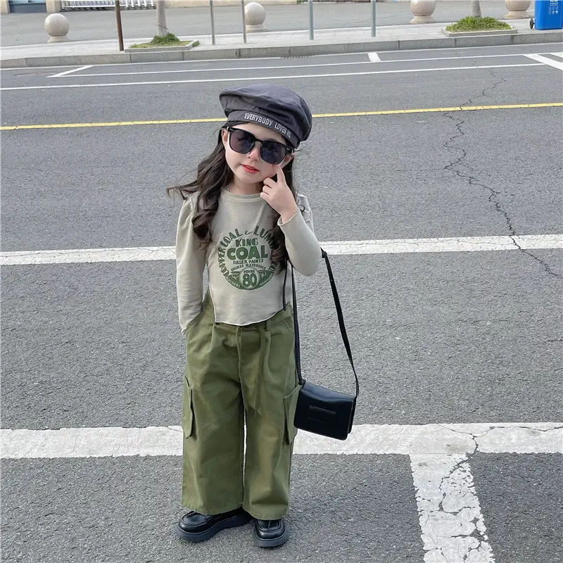 Girls 2Pc Jazz Style Army Green T-Shirt & Overalls Set - Image 2