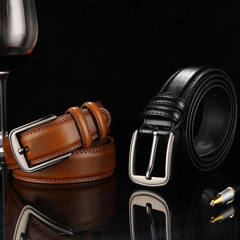 Men's Genuine Leather Belt Brown Silver Buckle - Image 6