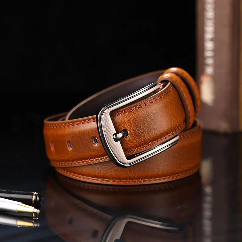 Men's Genuine Leather Belt Brown Silver Buckle - Image 7