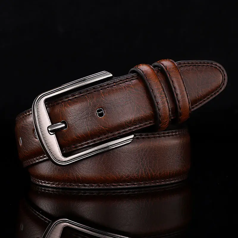 Men's Genuine Leather Belt Brown Silver Buckle