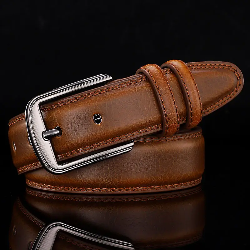 Men's Genuine Leather Belt Brown Silver Buckle - Image 3