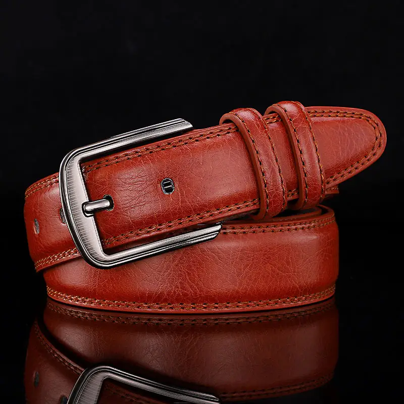 Men's Genuine Leather Belt Brown Silver Buckle - Image 4