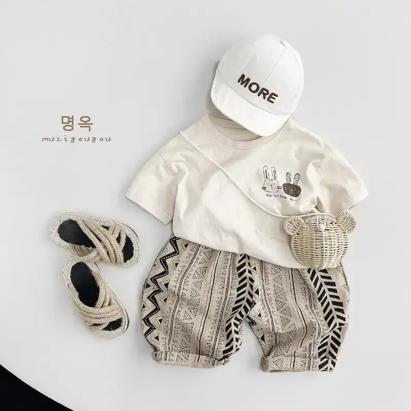 Geometric Printed Capri Pants for Boys Girls Summer Slub Cotton Wide Leg Casual - Image 14