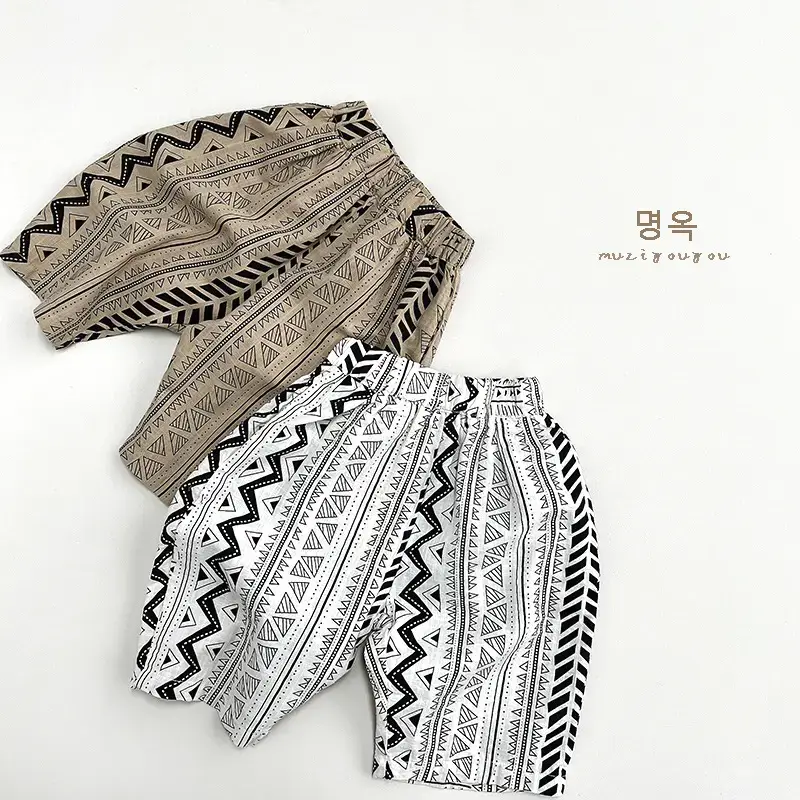 Geometric Printed Capri Pants for Boys Girls Summer Slub Cotton Wide Leg Casual — feature 18