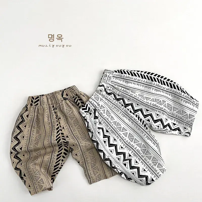 Geometric Printed Capri Pants for Boys Girls Summer Slub Cotton Wide Leg Casual — feature 20
