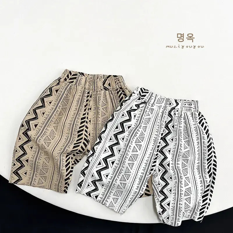 Geometric Printed Capri Pants for Boys Girls Summer Slub Cotton Wide Leg Casual — feature 21