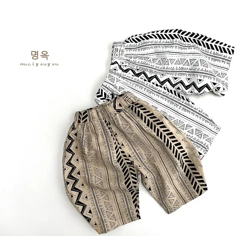 Geometric Printed Capri Pants for Boys Girls Summer Slub Cotton Wide Leg Casual — feature 22