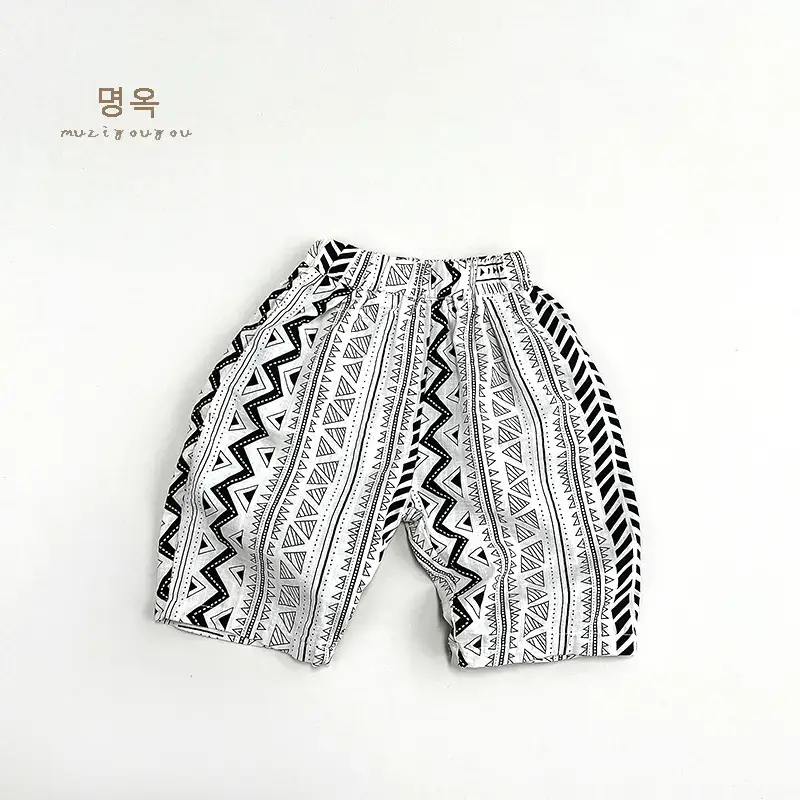 Geometric Printed Capri Pants for Boys Girls Summer Slub Cotton Wide Leg Casual — feature 26