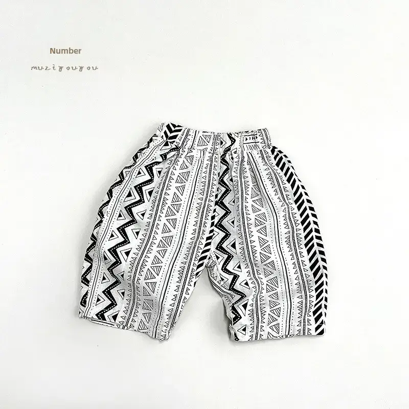 Geometric Printed Capri Pants for Boys Girls Summer Slub Cotton Wide Leg Casual - Image 3
