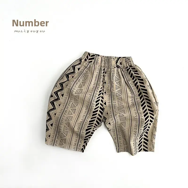 Geometric Printed Capri Pants for Boys Girls Summer Slub Cotton Wide Leg Casual - Image 8