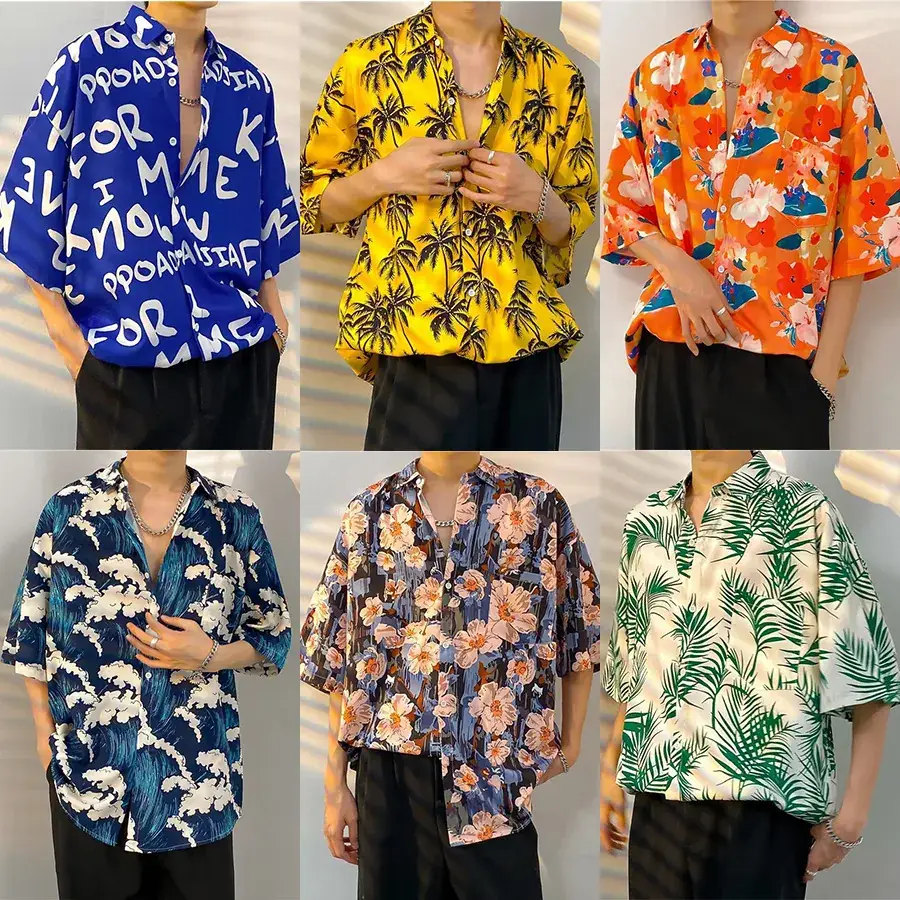 Men Vintage Floral Short Sleeve Shirt Yellow Black - Image 49