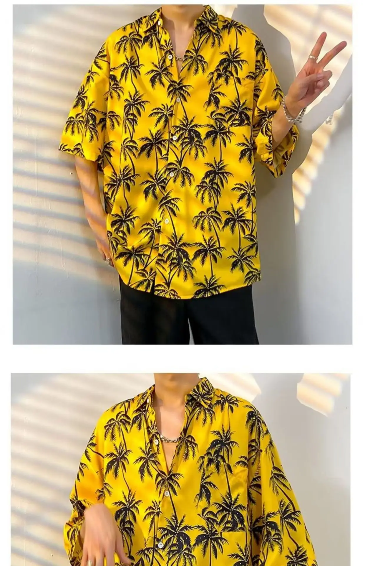 Men Vintage Floral Short Sleeve Shirt Yellow Black — feature 19