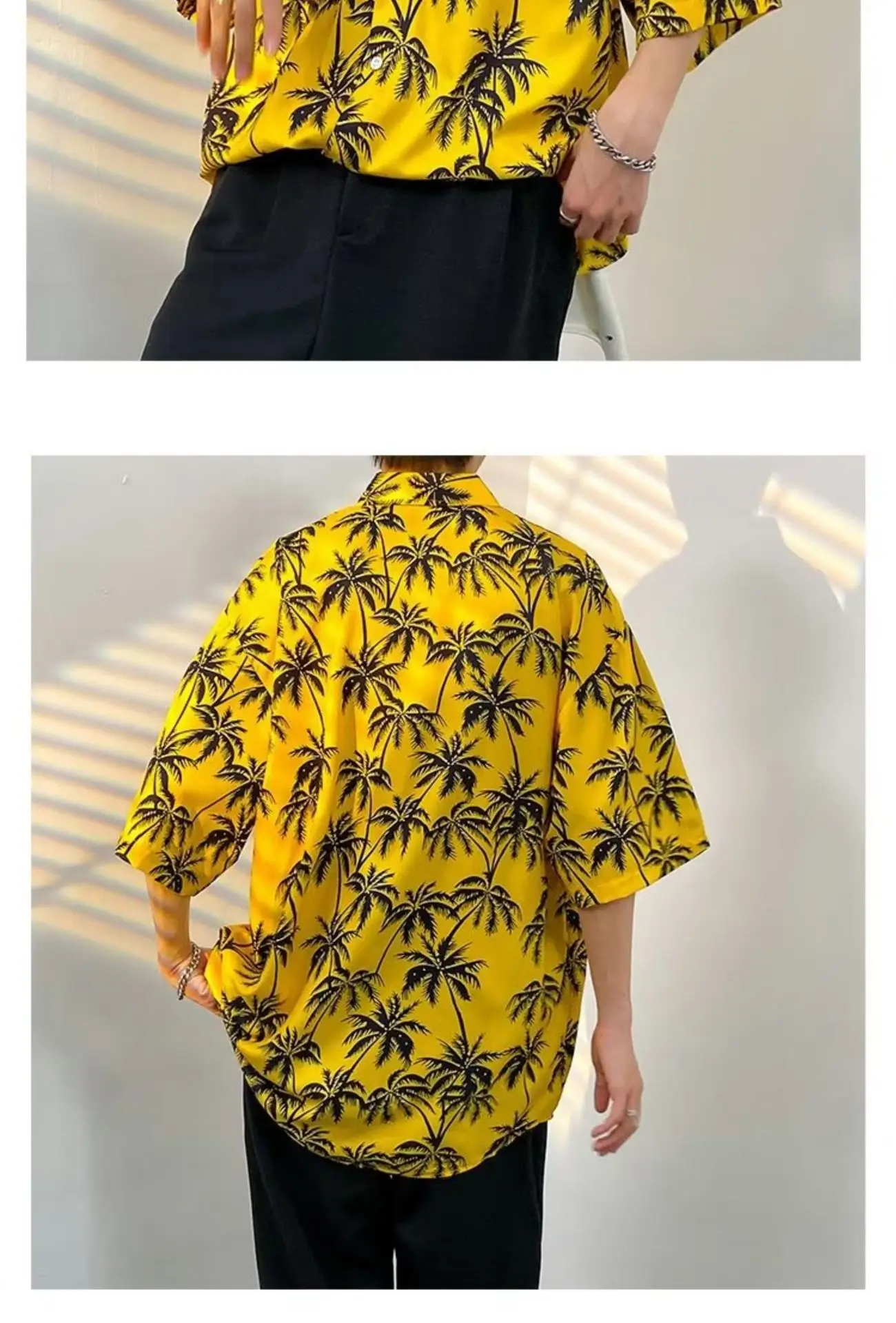 Men Vintage Floral Short Sleeve Shirt Yellow Black — feature 20