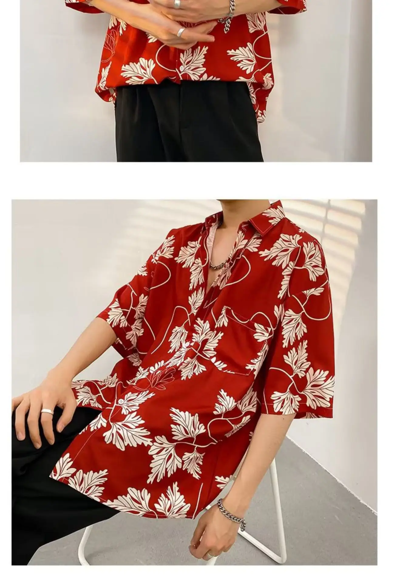 Men Vintage Floral Short Sleeve Shirt Yellow Black — feature 5