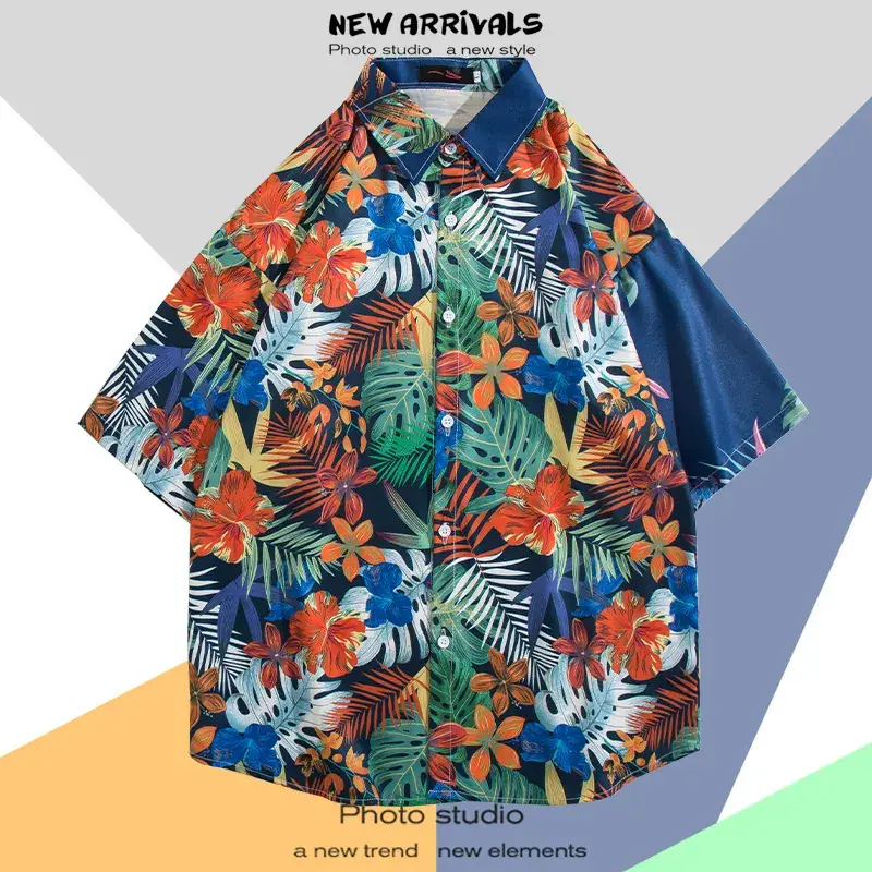 Men Vintage Floral Short Sleeve Shirt Yellow Black - Image 18