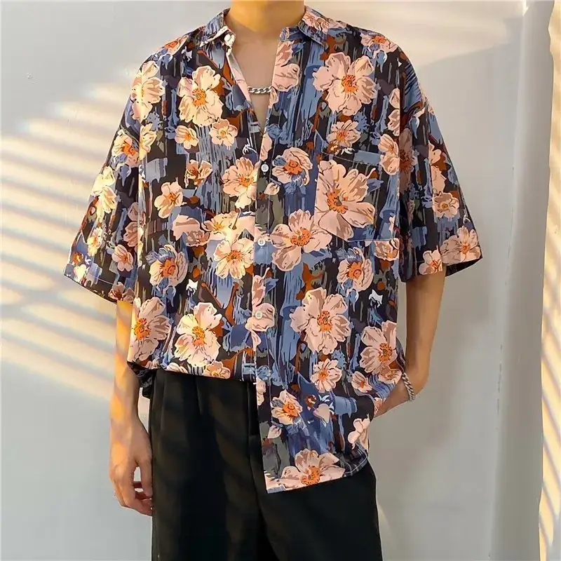 Men Vintage Floral Short Sleeve Shirt Yellow Black - Image 2