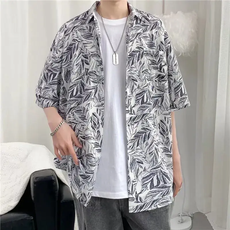Men Vintage Floral Short Sleeve Shirt Yellow Black - Image 24