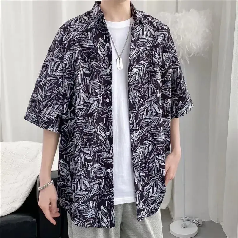 Men Vintage Floral Short Sleeve Shirt Yellow Black - Image 25