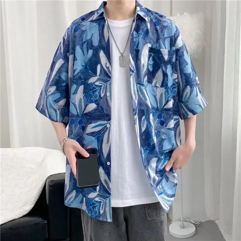 Men Vintage Floral Short Sleeve Shirt Yellow Black - Image 27