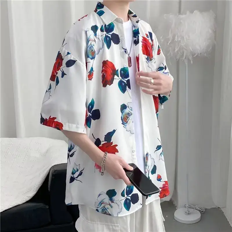 Men Vintage Floral Short Sleeve Shirt Yellow Black - Image 28
