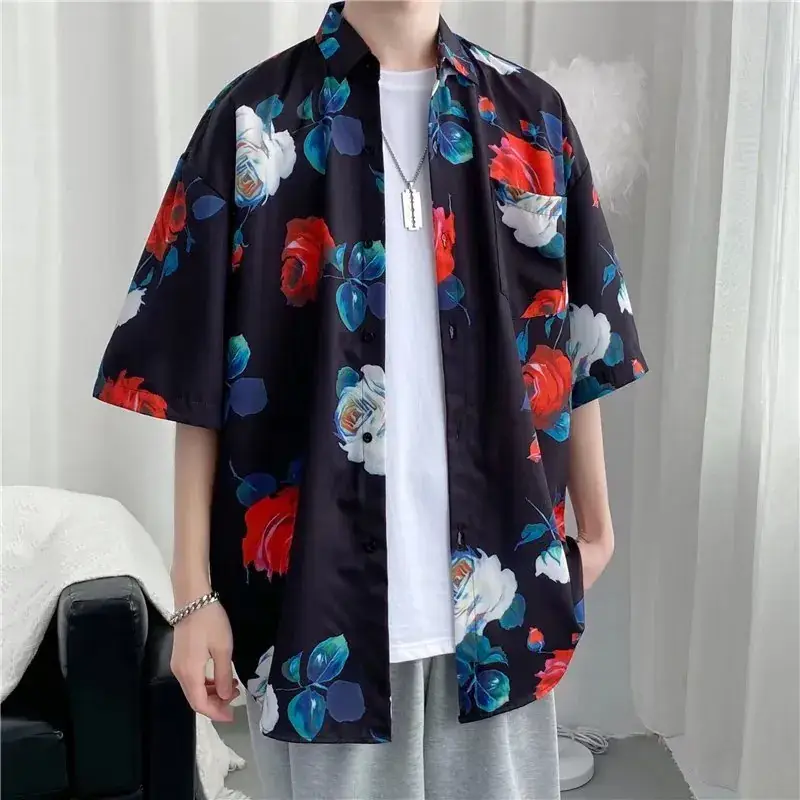 Men Vintage Floral Short Sleeve Shirt Yellow Black - Image 29