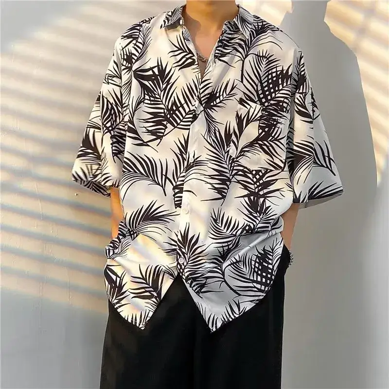 Men Vintage Floral Short Sleeve Shirt Yellow Black - Image 3