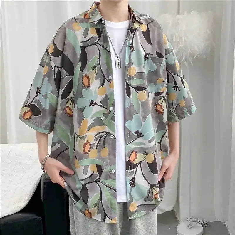 Men Vintage Floral Short Sleeve Shirt Yellow Black - Image 30