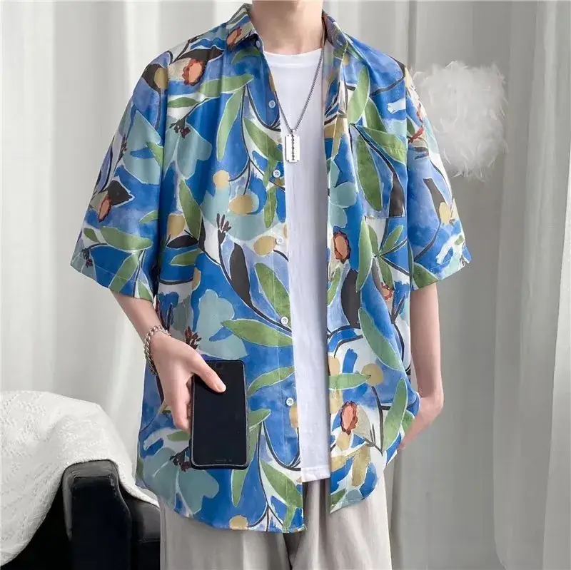 Men Vintage Floral Short Sleeve Shirt Yellow Black - Image 31