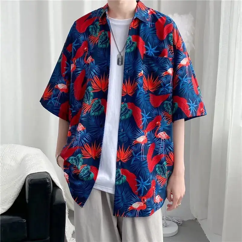 Men Vintage Floral Short Sleeve Shirt Yellow Black - Image 32