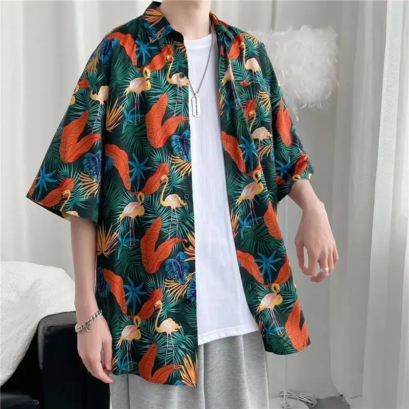 Men Vintage Floral Short Sleeve Shirt Yellow Black - Image 33