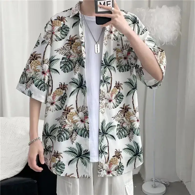 Men Vintage Floral Short Sleeve Shirt Yellow Black - Image 34