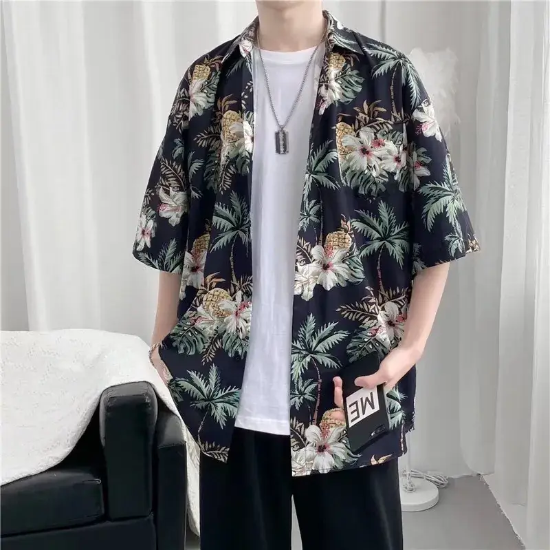 Men Vintage Floral Short Sleeve Shirt Yellow Black - Image 35