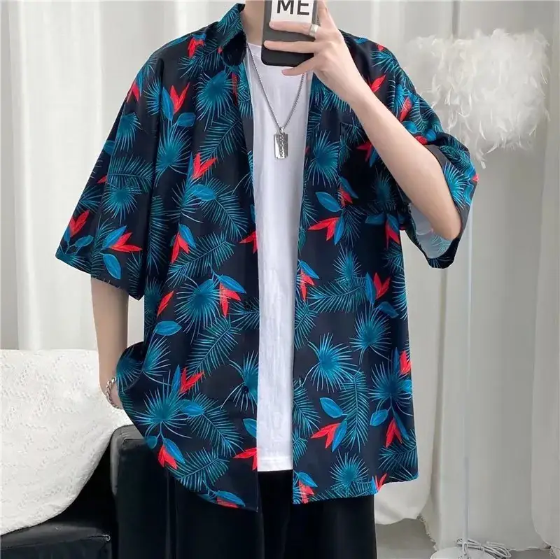 Men Vintage Floral Short Sleeve Shirt Yellow Black - Image 36