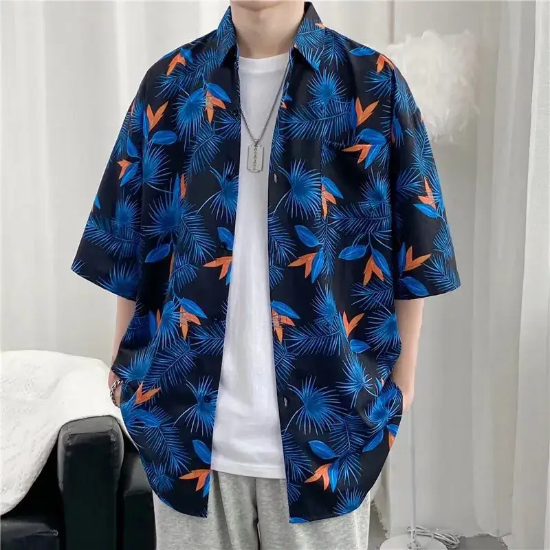Men Vintage Floral Short Sleeve Shirt Yellow Black - Image 37