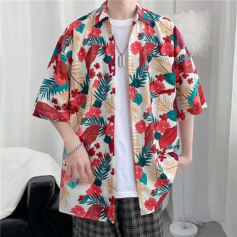 Men Vintage Floral Short Sleeve Shirt Yellow Black - Image 38