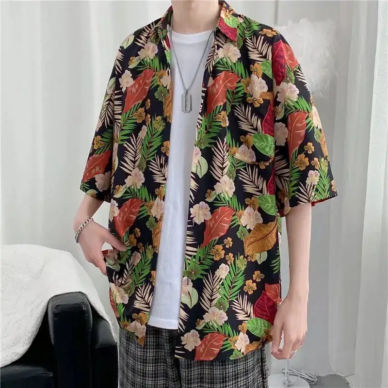 Men Vintage Floral Short Sleeve Shirt Yellow Black - Image 39