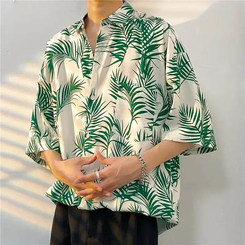Men Vintage Floral Short Sleeve Shirt Yellow Black - Image 4