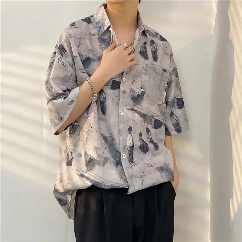 Men Vintage Floral Short Sleeve Shirt Yellow Black - Image 41