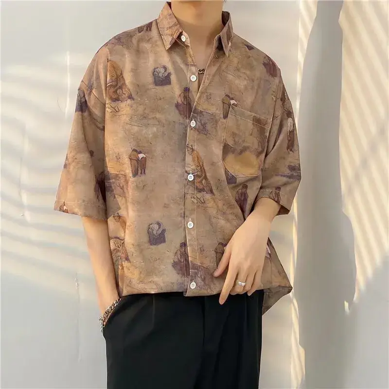 Men Vintage Floral Short Sleeve Shirt Yellow Black - Image 42