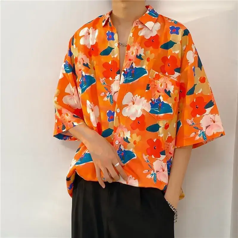 Men Vintage Floral Short Sleeve Shirt Yellow Black - Image 43