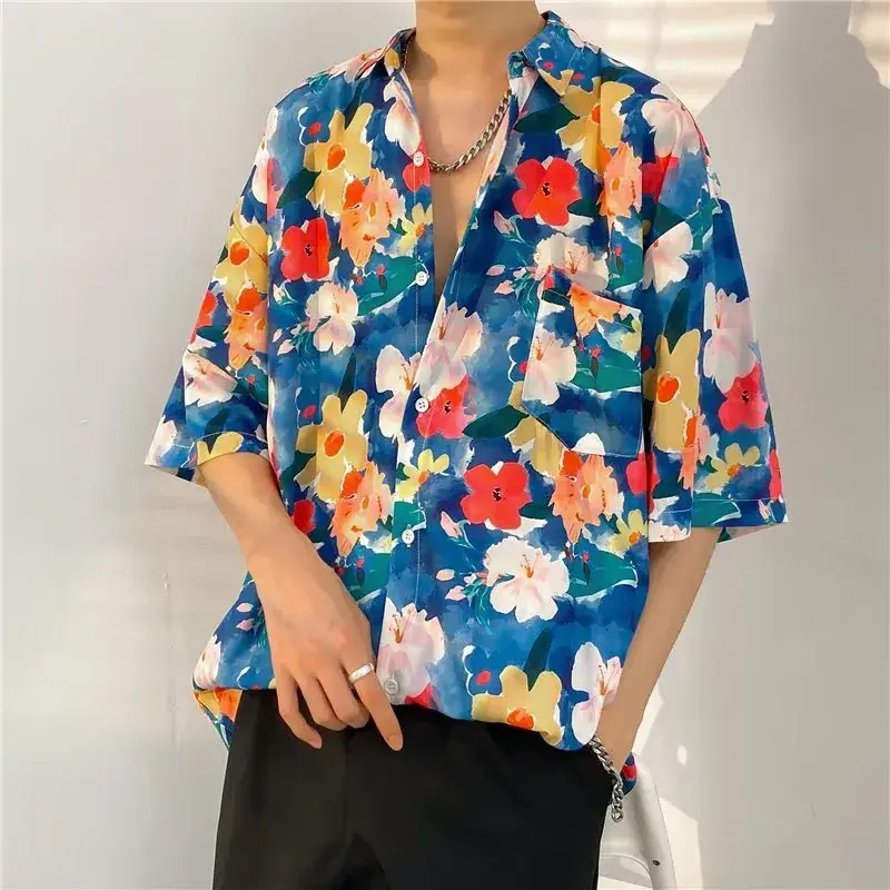 Men Vintage Floral Short Sleeve Shirt Yellow Black - Image 44