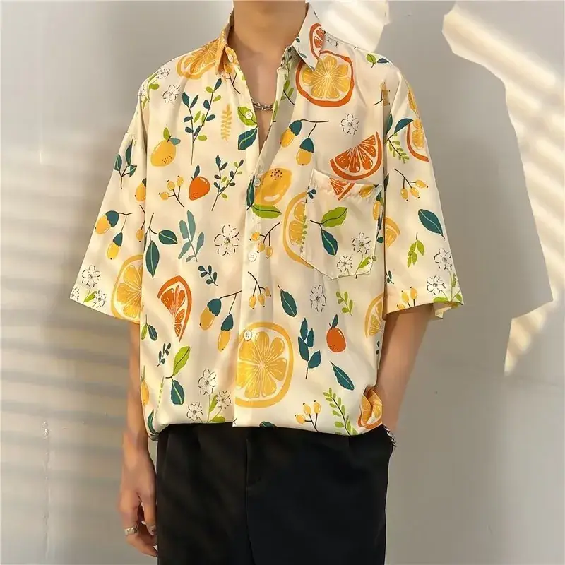 Men Vintage Floral Short Sleeve Shirt Yellow Black - Image 45