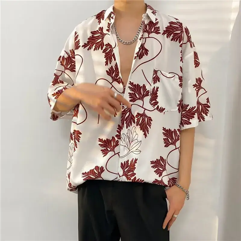 Men Vintage Floral Short Sleeve Shirt Yellow Black - Image 46