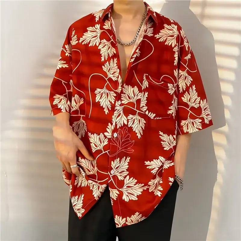 Men Vintage Floral Short Sleeve Shirt Yellow Black - Image 47