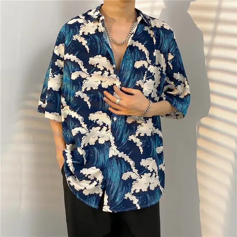 Men Vintage Floral Short Sleeve Shirt Yellow Black - Image 48