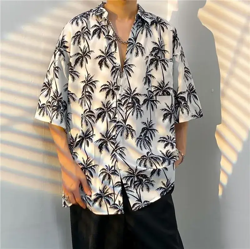 Men Vintage Floral Short Sleeve Shirt Yellow Black - Image 5